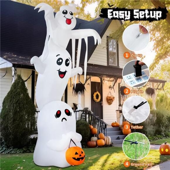 GOOSH 9.8 FT High Halloween Inflatable Overlap Ghost Outdoor Decorations Blow - Picture 6 of 7